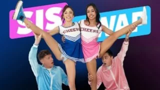 Slutty cheerleader in skirt at the carnival fucking foursome